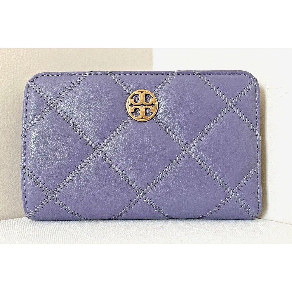 New Tory Burch Willa Medium Quilted Leather Wallet Dark Lotus